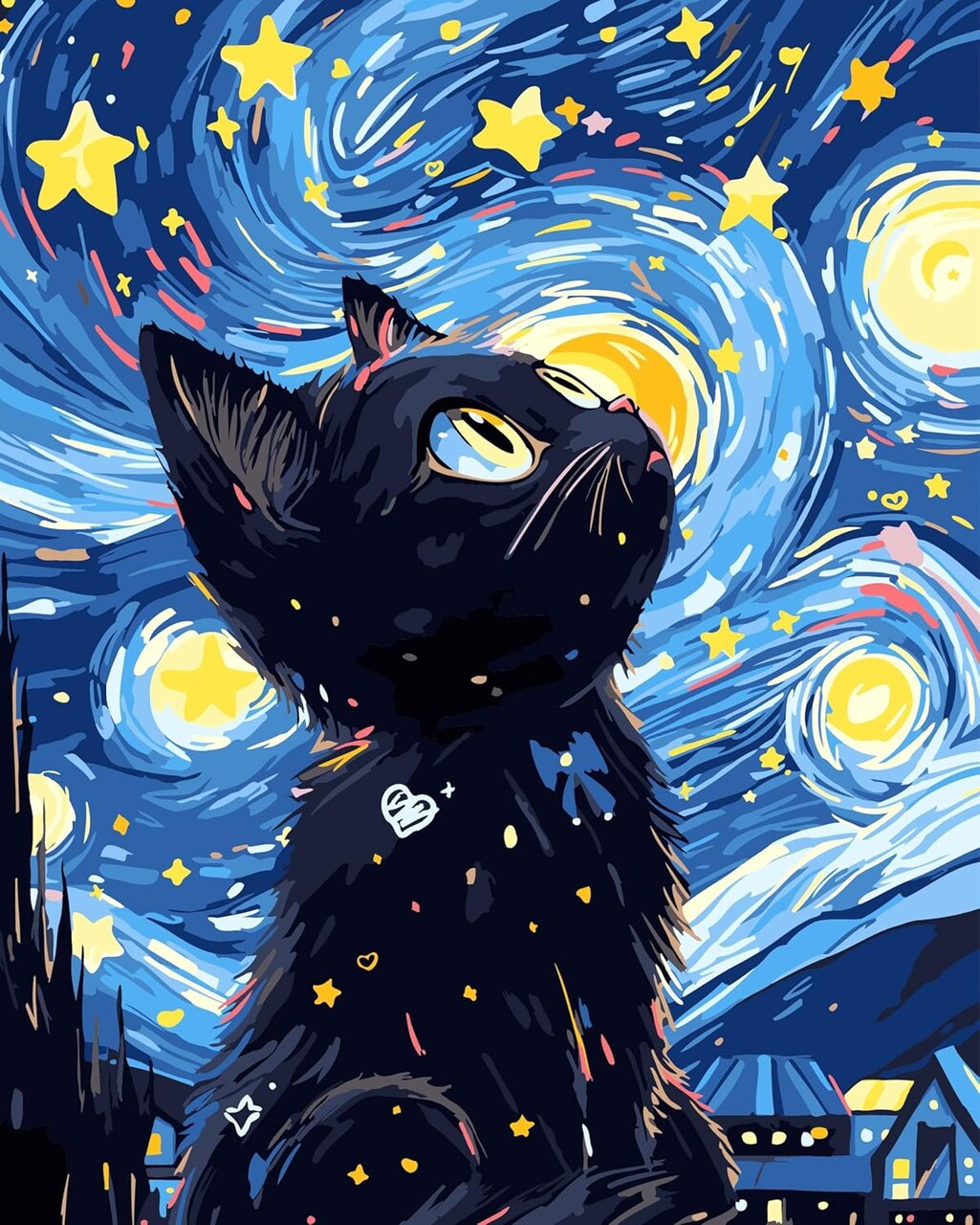 Paint by Numbers for Adults Black Cat, Paint by Numbers Kit on Canvas for Beginners, Starry Night Number Painting Set Craft Supplies, 3 Paintbrushes and Acrylic Paint 16x20 Inch